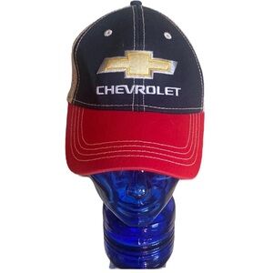 Chevrolet red white blue snap back trucker hat American classic car mens